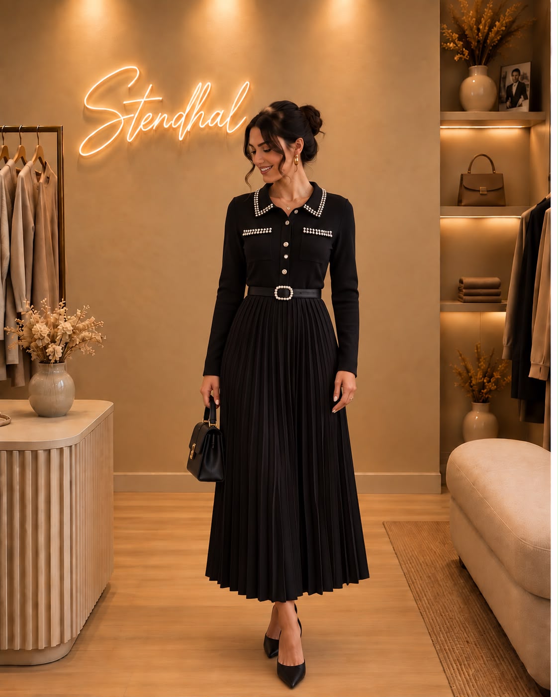 Robe col chemise plissée à détails strass