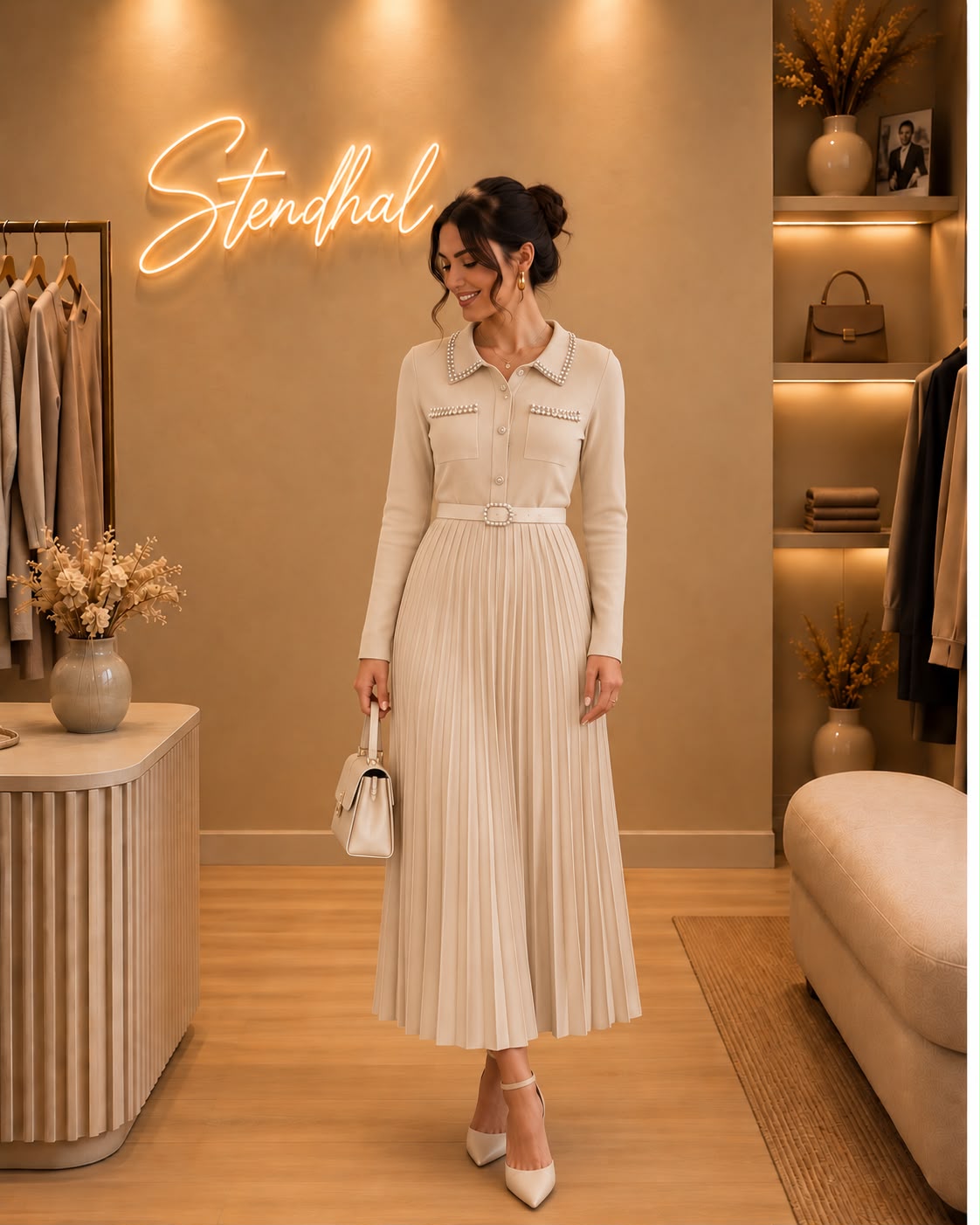Robe col chemise plissée à détails strass