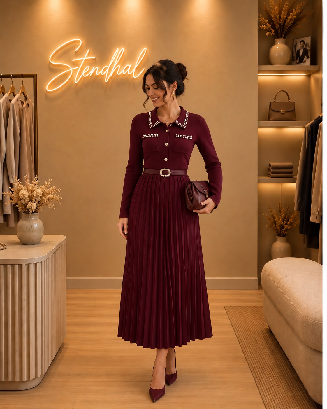 Robe col chemise plissée à détails strass