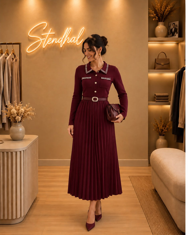 Robe col chemise plissée à détails strass